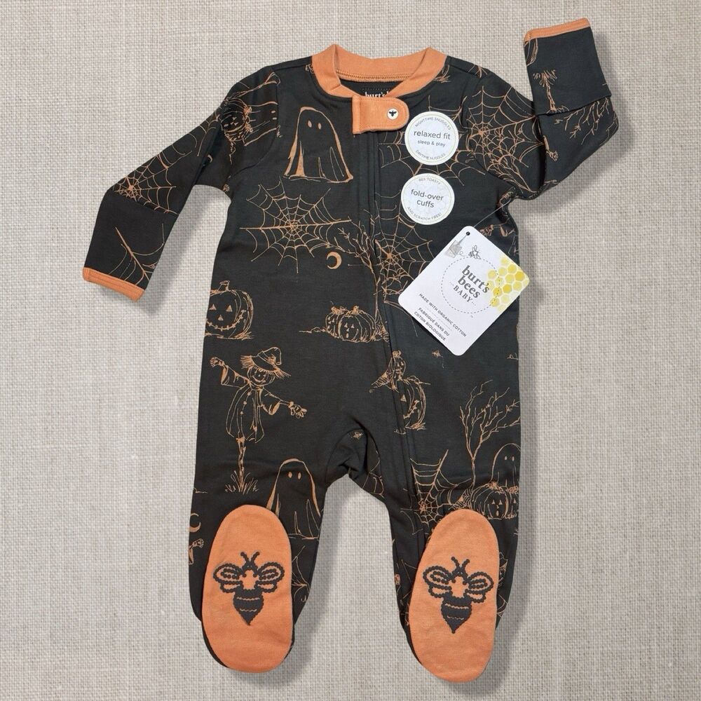 Burt’s Bees Baby Halloween Footie Sleeper Organic Cotton NWT 0-3M Spooky Black